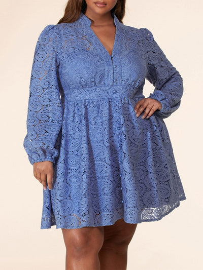 PLUS SIZE LONG SLEEVE LACE V-NECK MINI DRESS