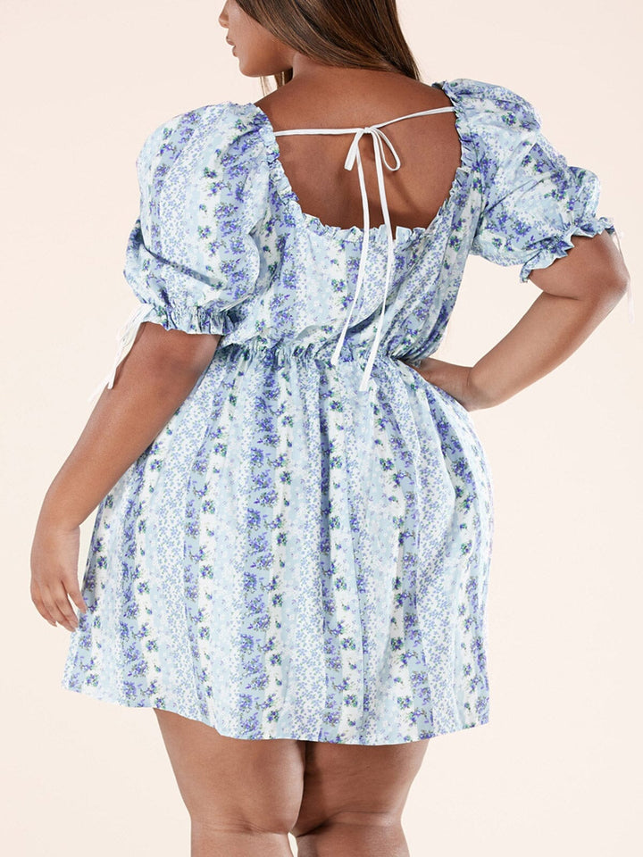 PLUS SIZE SHORT PUFF SLEEVE ELASTIC WAIST FLORAL MINI DRESS