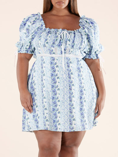 PLUS SIZE SHORT PUFF SLEEVE ELASTIC WAIST FLORAL MINI DRESS