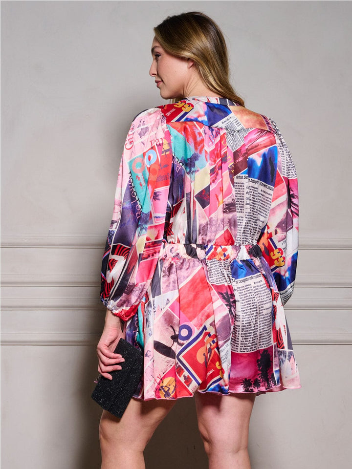 PLUS SIZE 3/4 SLEEVES BUTTON UP MULTI PRINT FIT & FLARE ROMPER