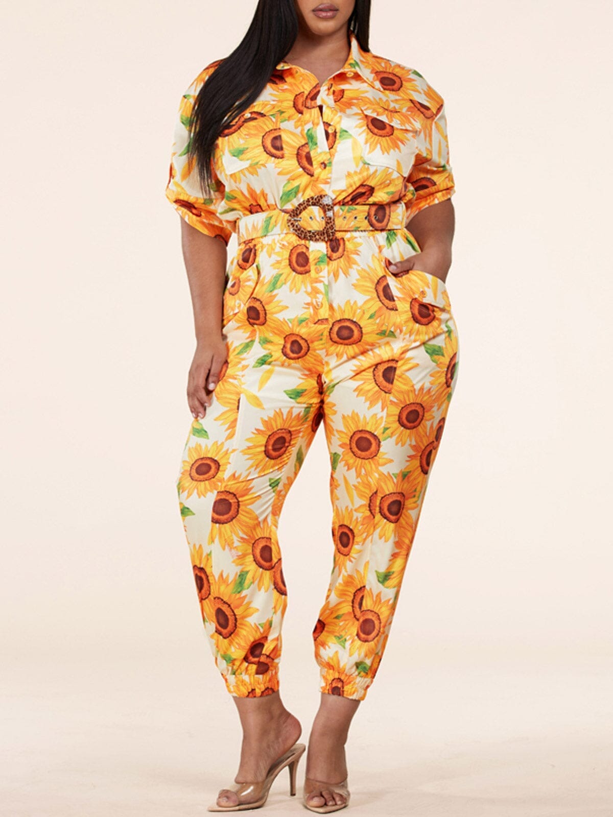 L atiste Plus Size Short Sleeve Button Up Pockets Belted Sunflowers Jumpsuit 2 2 1 1 1X 2X 3X 4X