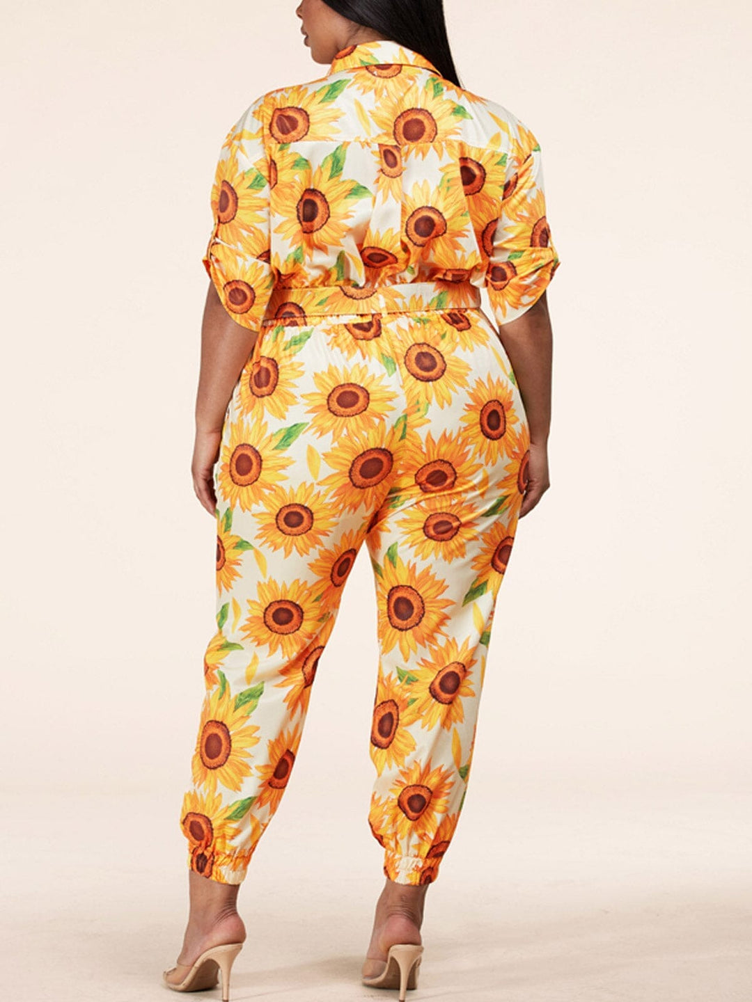 PLUS SIZE SHORT SLEEVE BUTTON UP POCKETS BELTED SUNFLOWERS JUMPSUIT