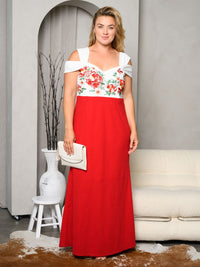 PLUS SIZE COLD SHOULDER COLORBLOCK FLORAL MAXI DRESS