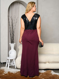 PLUS SIZE SLEEVELESS V-NECK SEQUINS COLORBLOCK FLORAL MAXI DRESS