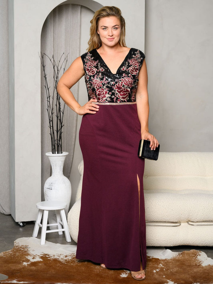PLUS SIZE SLEEVELESS V-NECK SEQUINS COLORBLOCK FLORAL MAXI DRESS