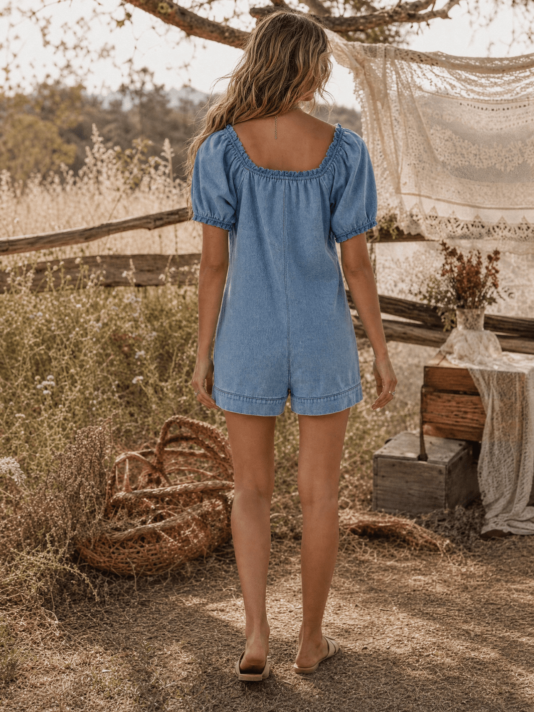 WOMEN'S SHORT SLEEVE ELASTIC NECKLINE FRONT POCKETS DENIM ROMPER