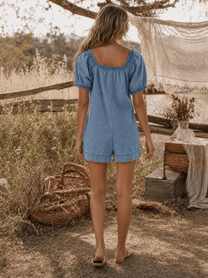 WOMEN'S SHORT SLEEVE ELASTIC NECKLINE FRONT POCKETS DENIM ROMPER