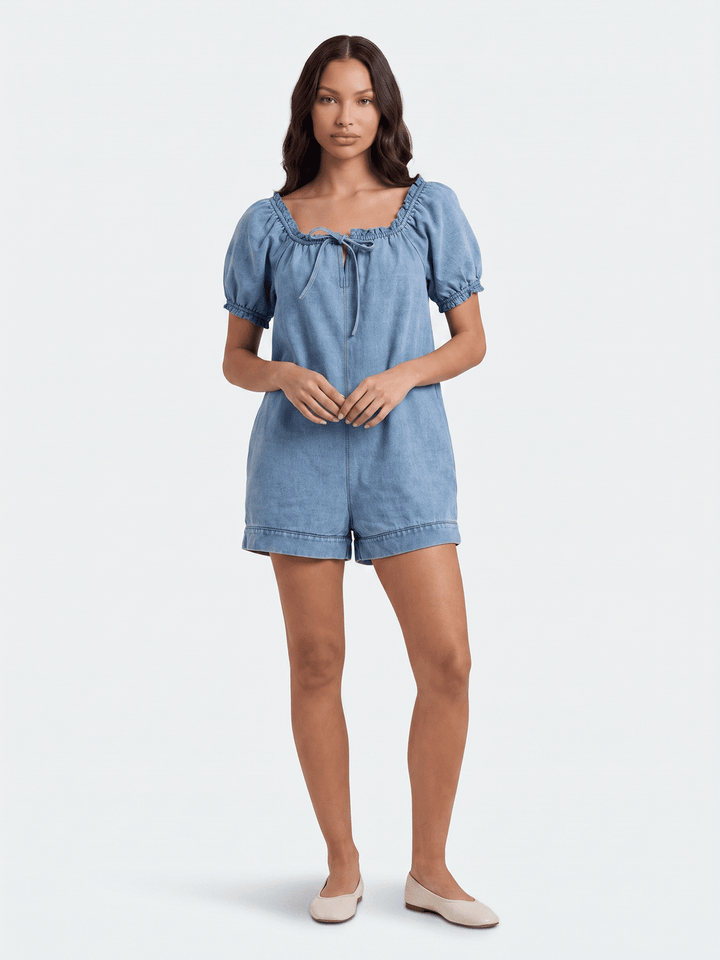 WOMEN'S SHORT SLEEVE ELASTIC NECKLINE FRONT POCKETS DENIM ROMPER