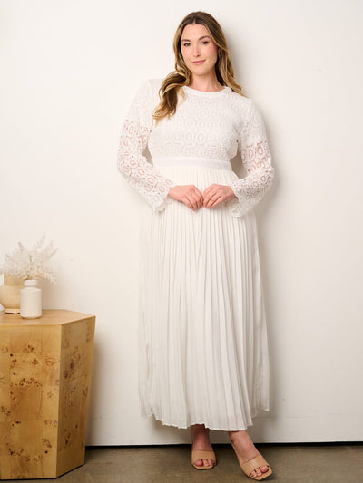 PLUS SIZE LONG SLEEVE LACE PLEATED MAXI DRESS