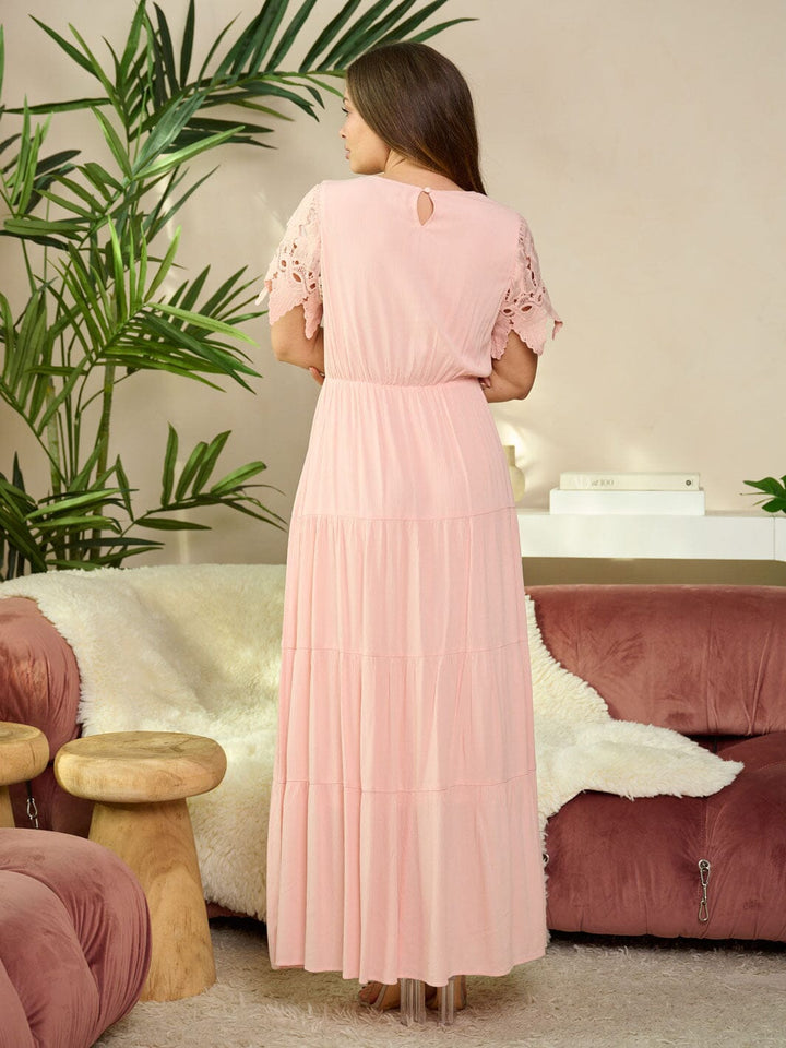 WOMEN'S SHORT DETAILED SLEEVE TIERED ELASTIC WAIST MAXI DRESS