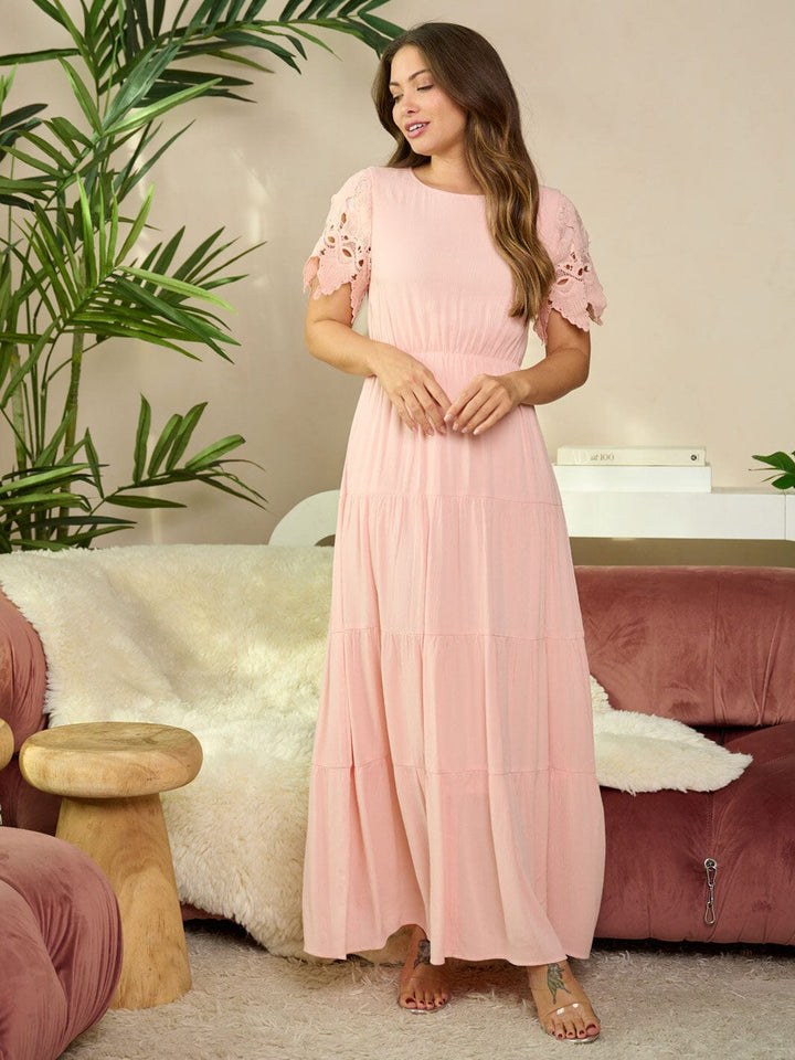 WOMEN'S SHORT DETAILED SLEEVE TIERED ELASTIC WAIST MAXI DRESS