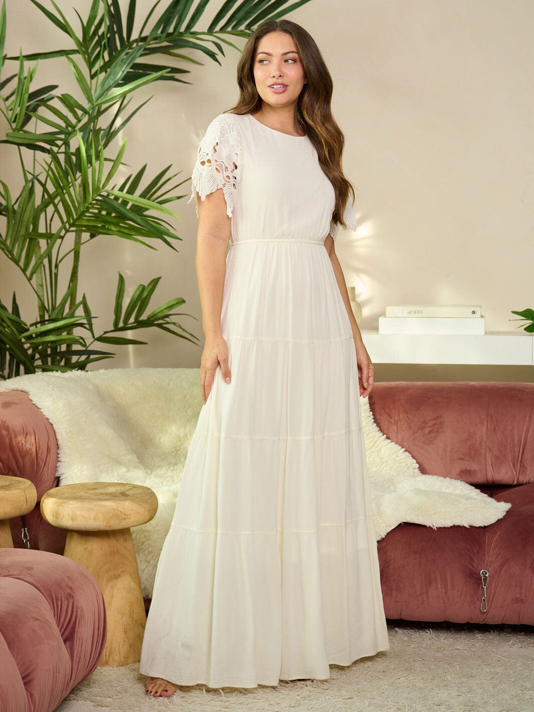 WOMEN'S SHORT DETAILED SLEEVE TIERED ELASTIC WAIST MAXI DRESS
