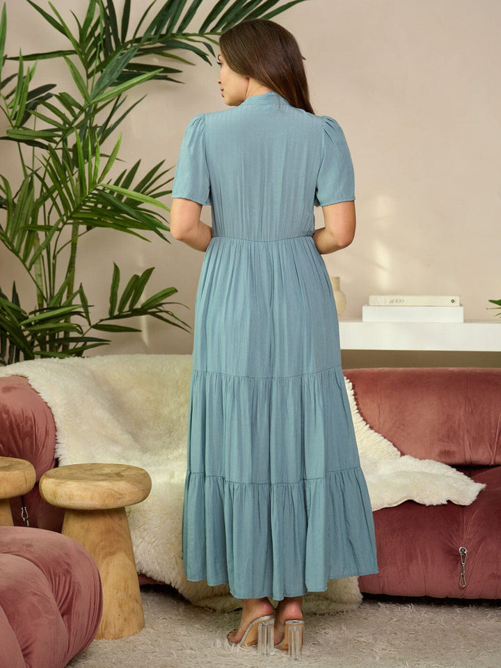 WOMEN'S SHORT SLEEVE EMBROIDERY DETAILED POCKETS TIERED MAXI DRESS