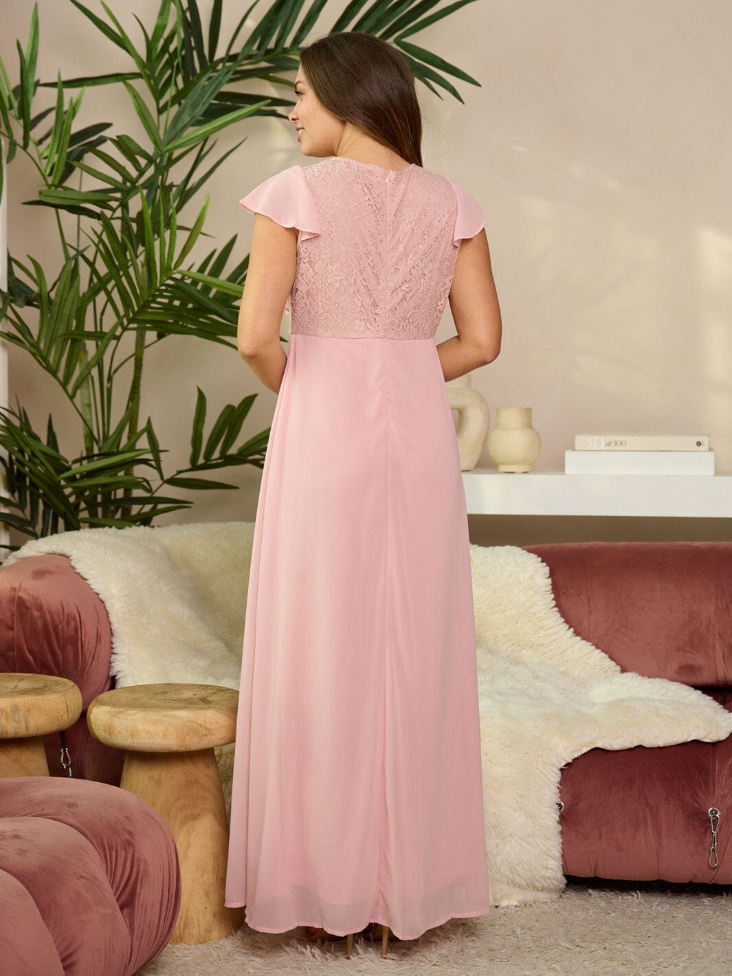 WOMEN'S SHORT RUFFLE SLEEVE LACE DETAILED MAXI DRESS