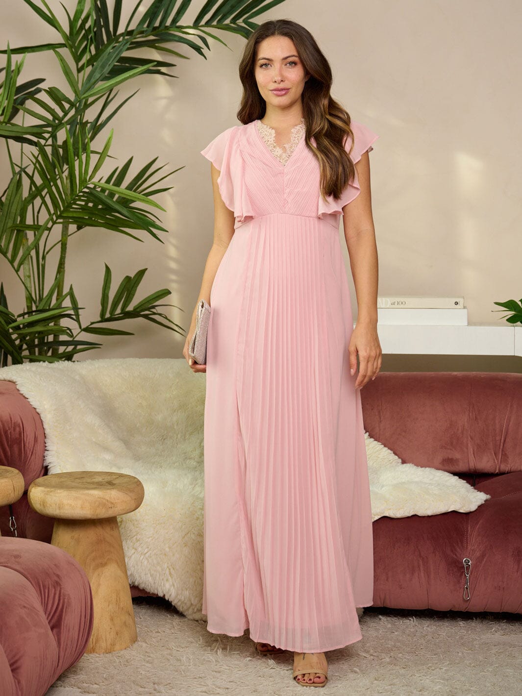 WOMEN'S SHORT RUFFLE SLEEVE LACE DETAILED MAXI DRESS