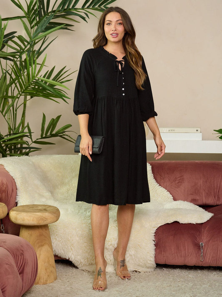 WOMEN'S 3/4 SLEEVE BUTTON UP POCKETS MIDI DRESS