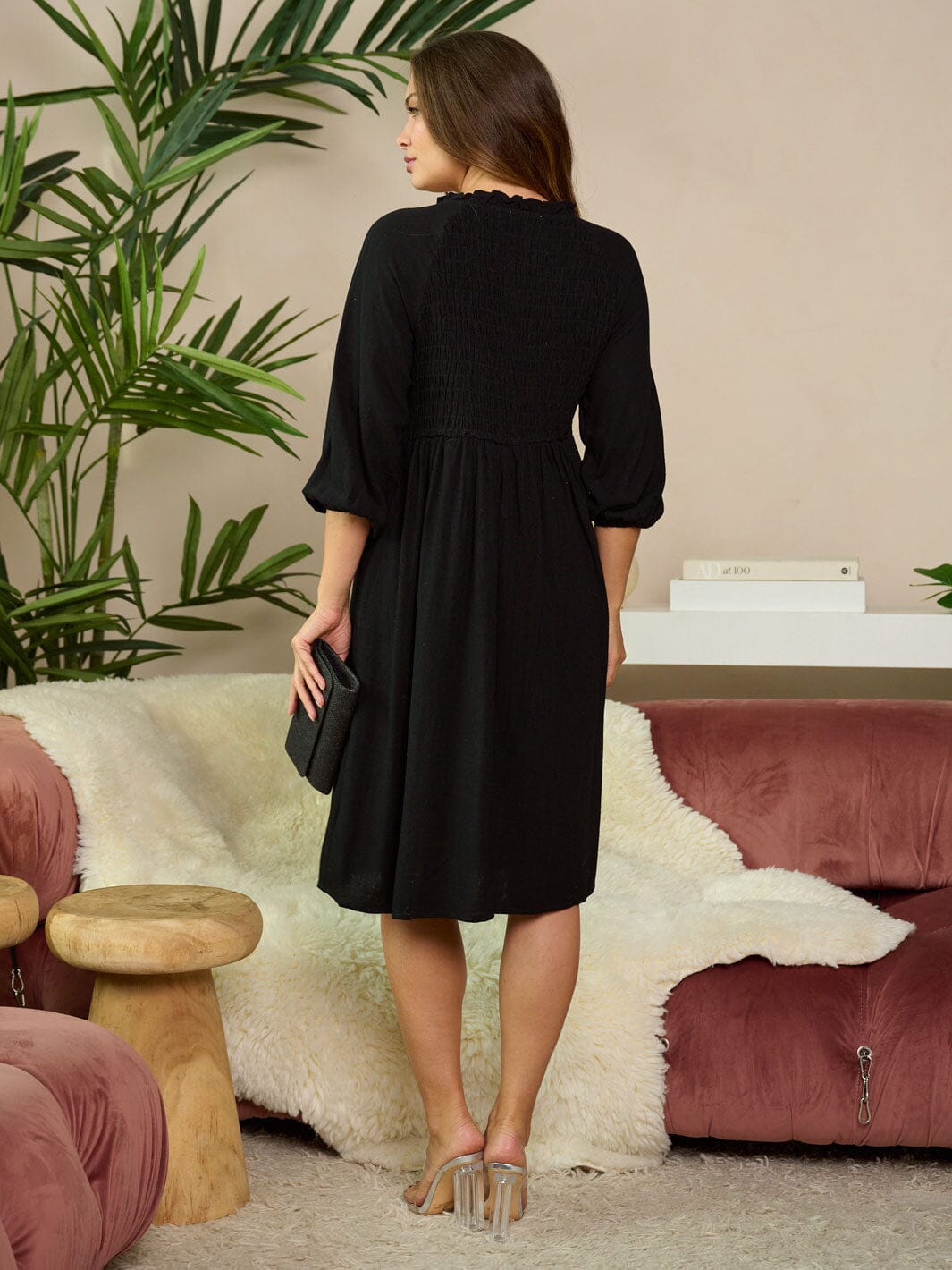 WOMEN'S 3/4 SLEEVE BUTTON UP POCKETS MIDI DRESS