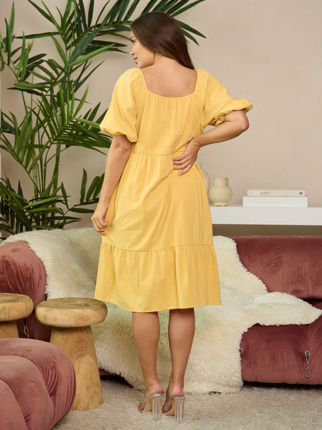 WOMEN'S SHORT PUFF SLEEVE TIERED POCKETS EMBROIDERY MIDI DRESS