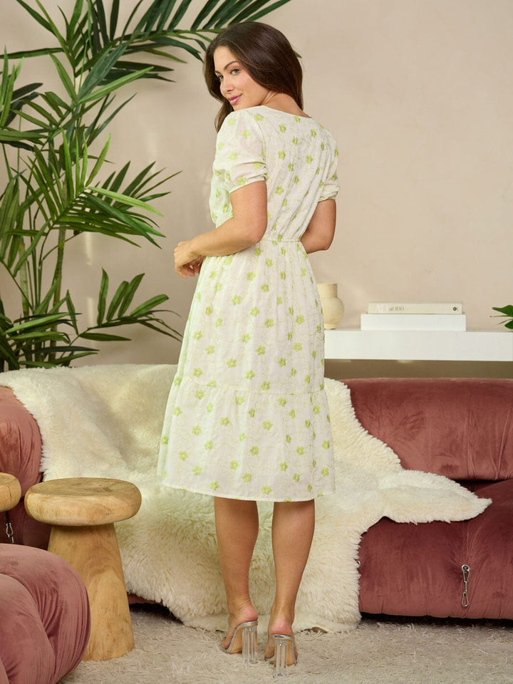 WOMEN'S SHORT PUFF SLEEVE V-NECK EMBROIDERY DETAILED MIDI DRESS