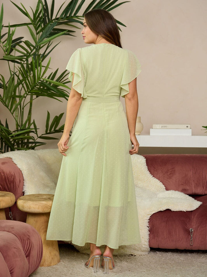 WOMEN'S SHORT RUFFLE SLEEVE V-NECK SWISS DETAILED MAXI DRESS