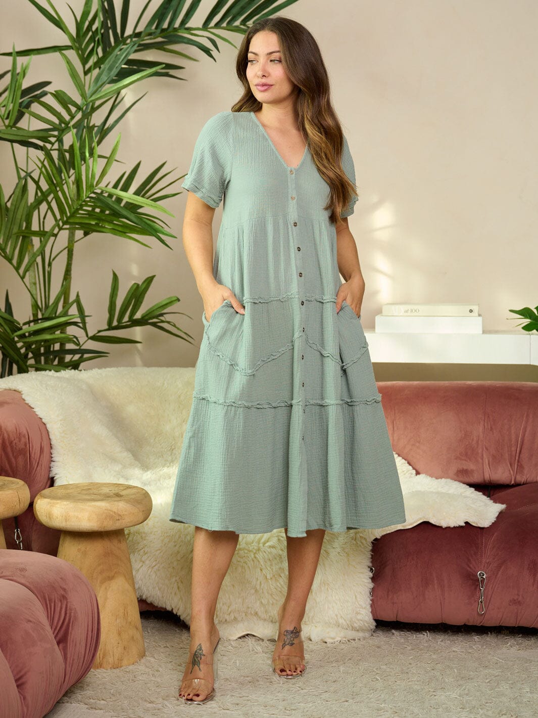 WOMEN'S SHORT SLEEVE V-NECK TIERED POCKETS MIDI DRESS
