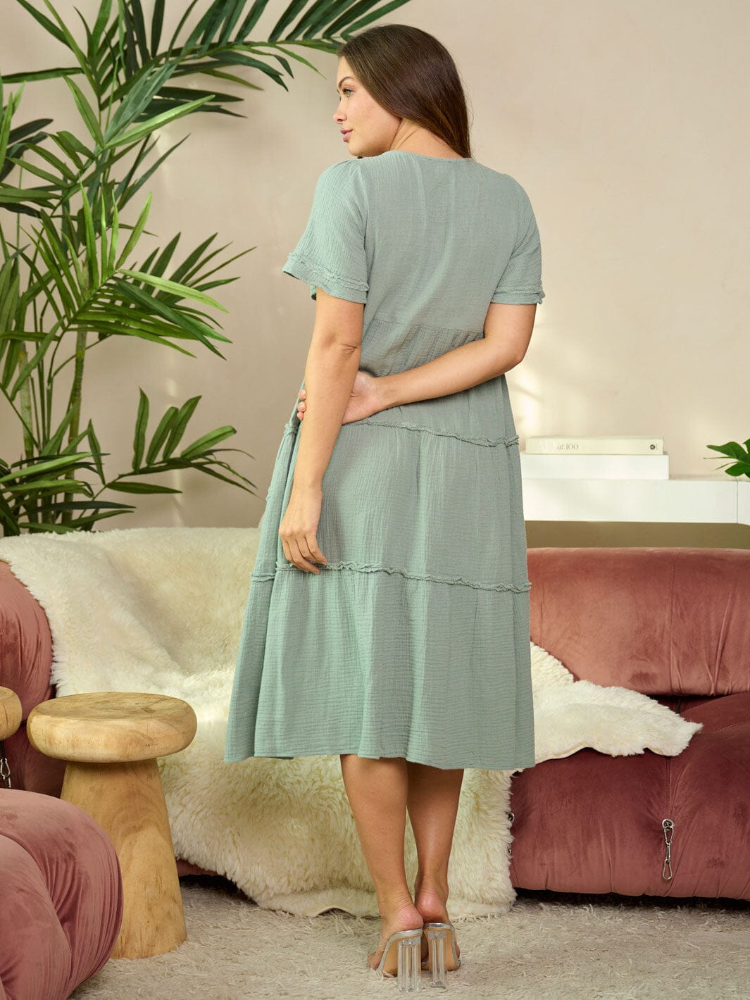 WOMEN'S SHORT SLEEVE V-NECK TIERED POCKETS MIDI DRESS