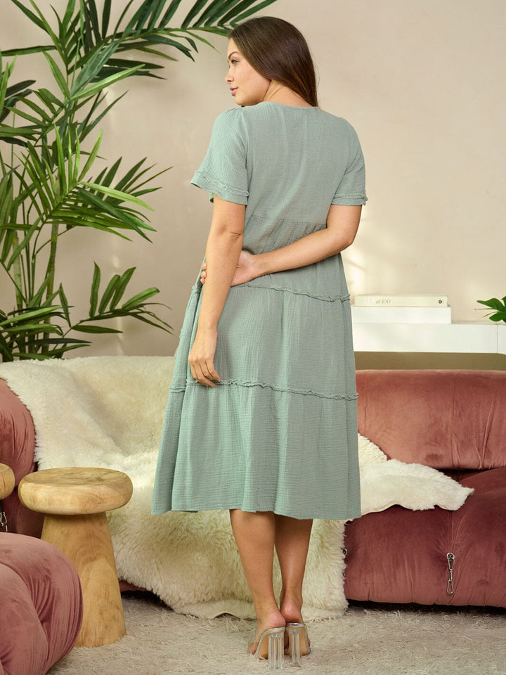 WOMEN'S SHORT SLEEVE V-NECK TIERED POCKETS MIDI DRESS