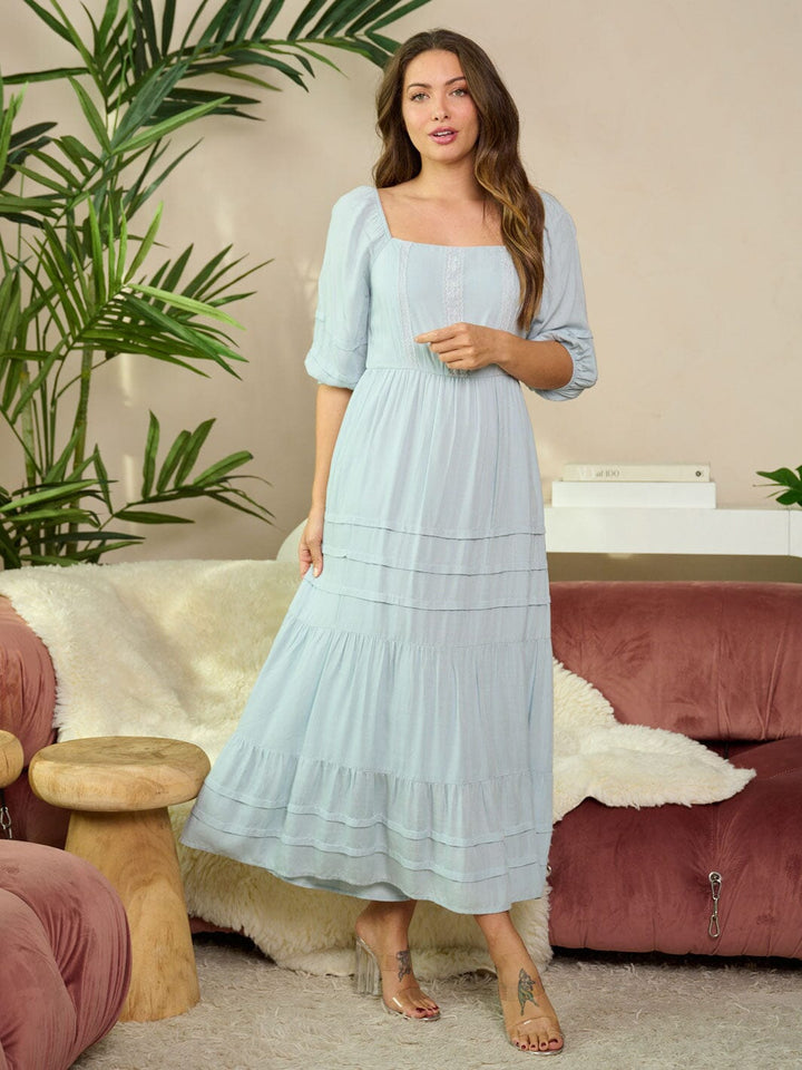 WOMEN'S SHORT DETAILED SLEEVE TIERED ELASTIC WAIST MAXI DRESS
