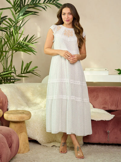 WOMEN'S RUFFLE SLEEVE TIERED EMBROIDERY FLORAL MAXI DRESS