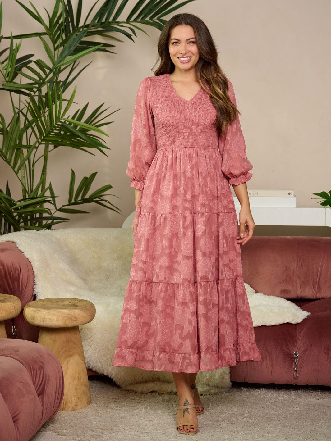 WOMEN'S 3/4 RUFFLE SLEEVE V-NECK SMOCK FLORAL MAXI DRESS