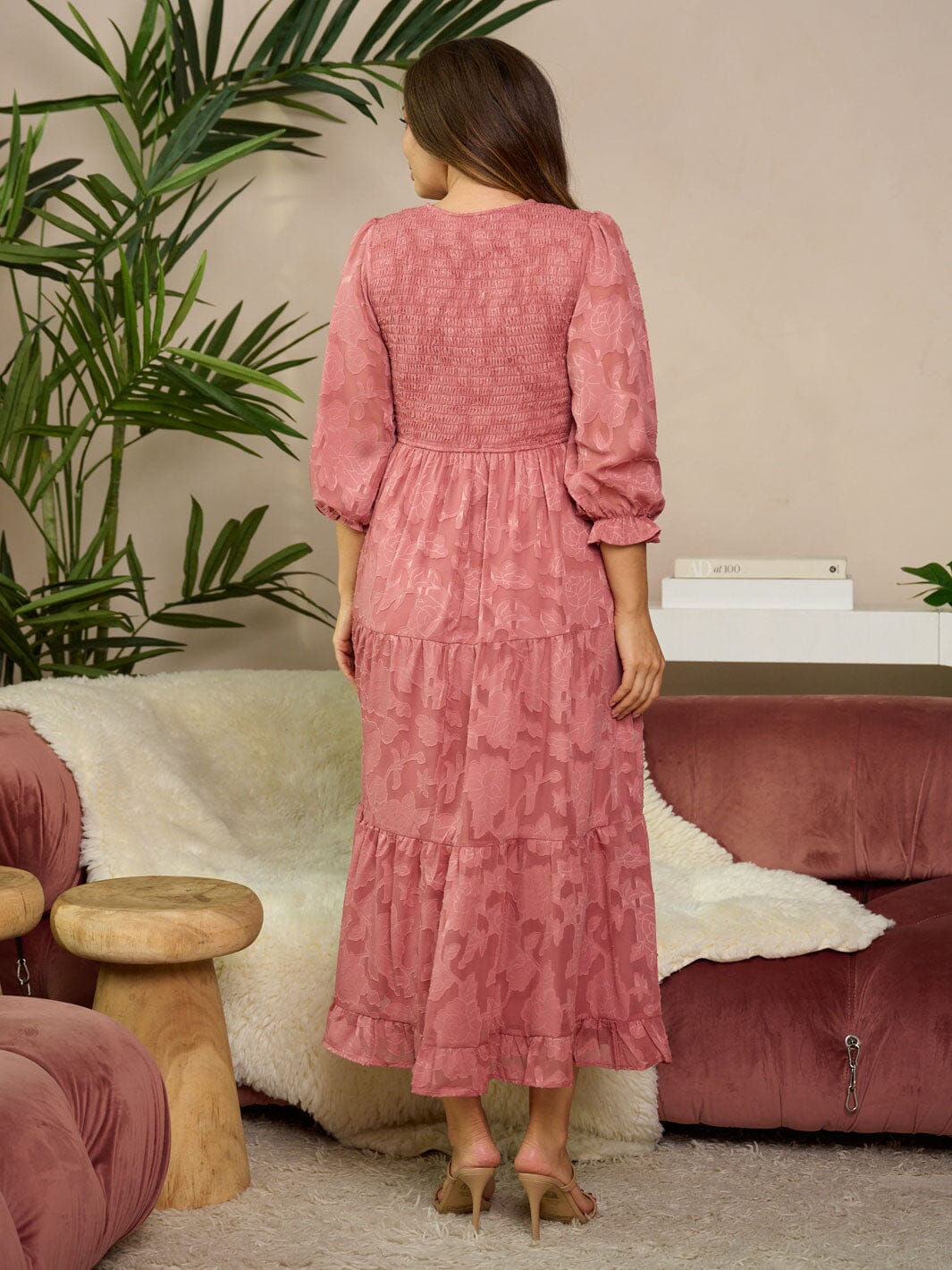 WOMEN'S 3/4 RUFFLE SLEEVE V-NECK SMOCK FLORAL MAXI DRESS