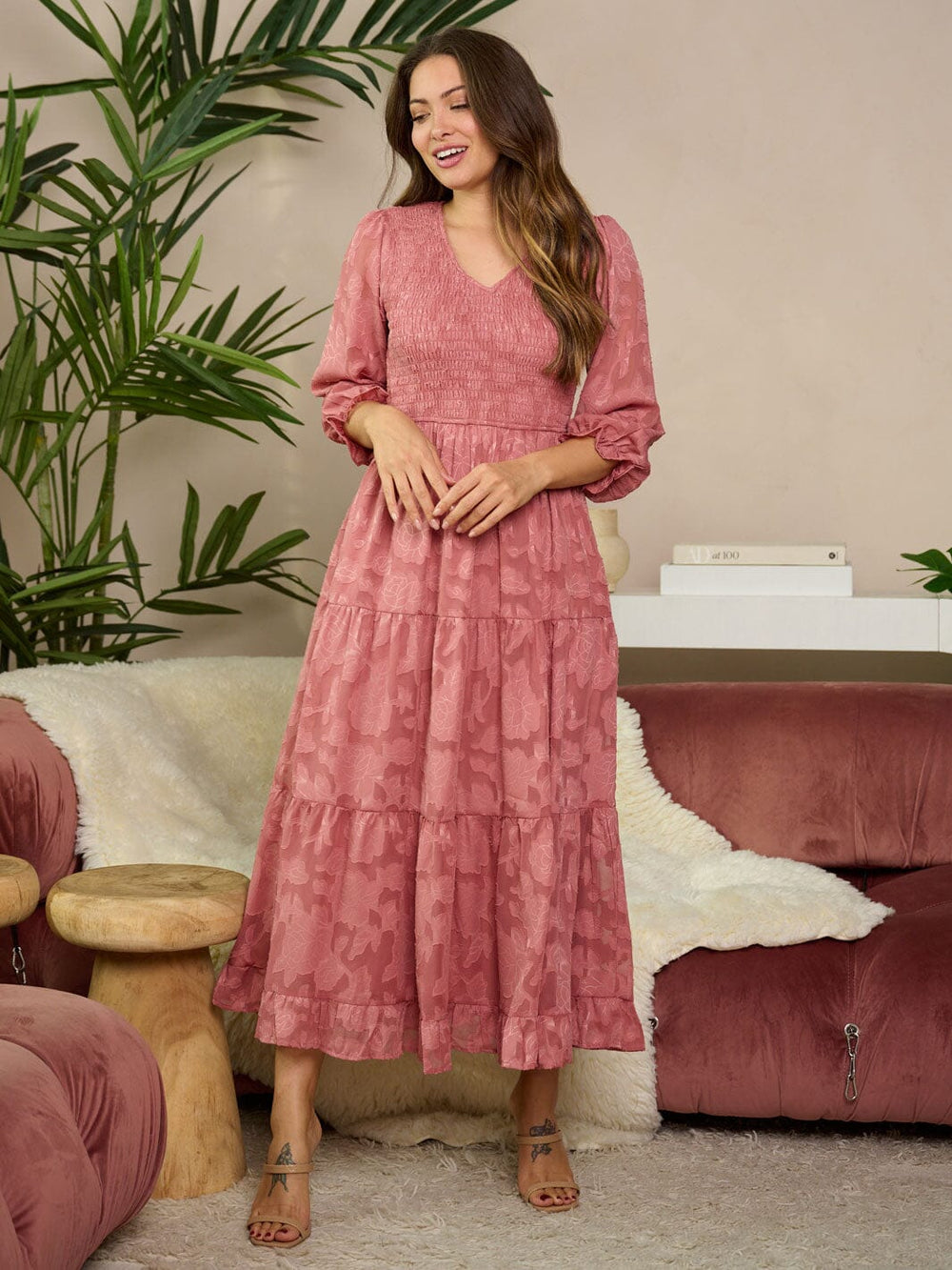 WOMEN'S 3/4 RUFFLE SLEEVE V-NECK SMOCK FLORAL MAXI DRESS