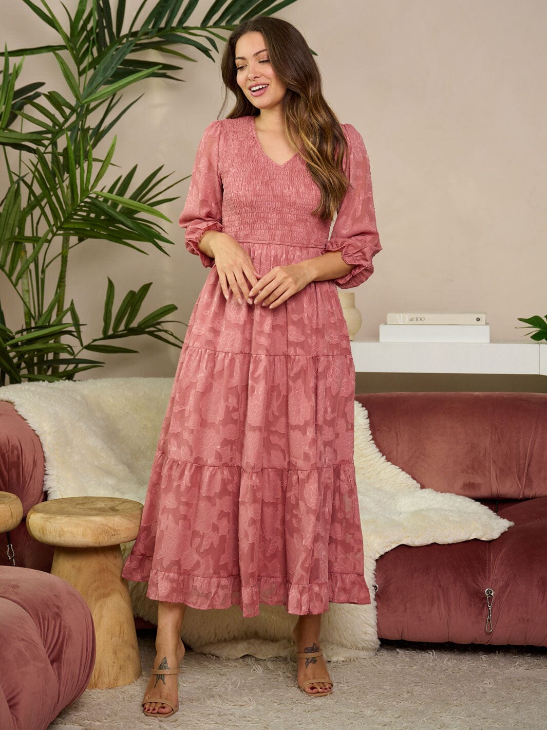 WOMEN'S 3/4 RUFFLE SLEEVE V-NECK SMOCK FLORAL MAXI DRESS