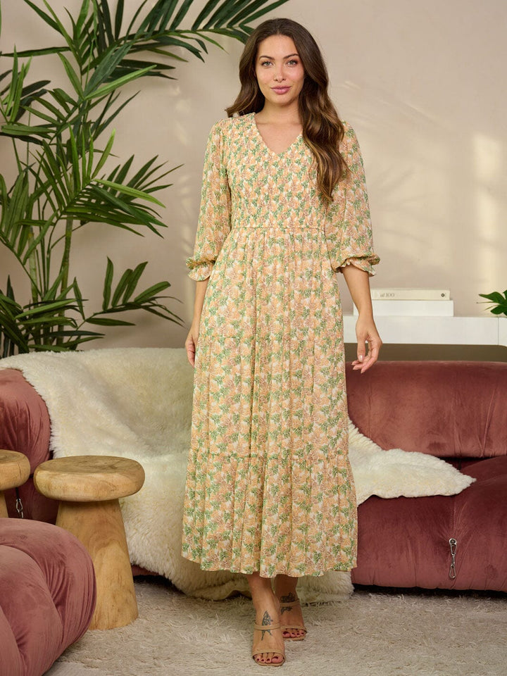 WOMEN'S 3/4 RUFFLE SLEEVE V-NECK SMOCK FLORAL MAXI DRESS
