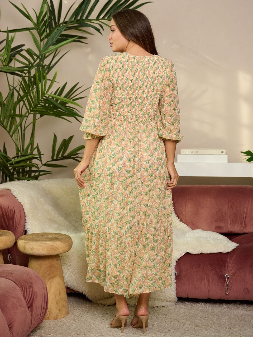 WOMEN'S 3/4 RUFFLE SLEEVE V-NECK SMOCK FLORAL MAXI DRESS