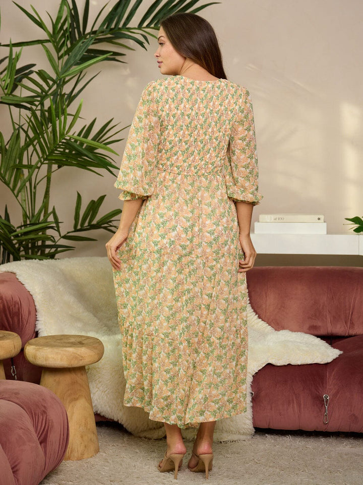 WOMEN'S 3/4 RUFFLE SLEEVE V-NECK SMOCK FLORAL MAXI DRESS
