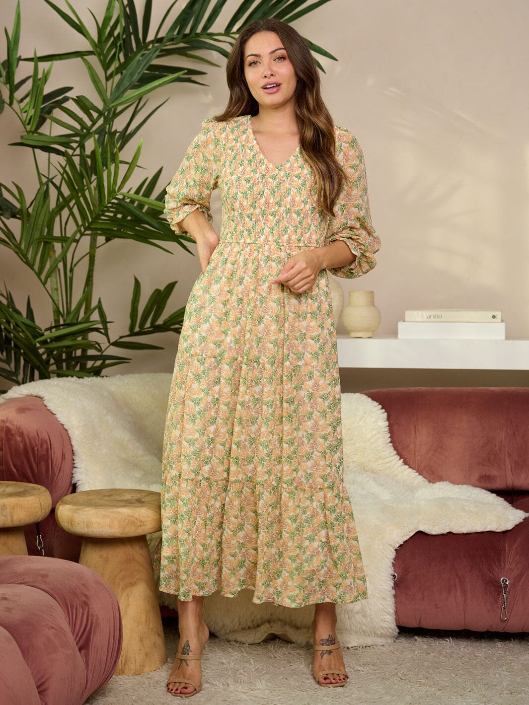 WOMEN'S 3/4 RUFFLE SLEEVE V-NECK SMOCK FLORAL MAXI DRESS