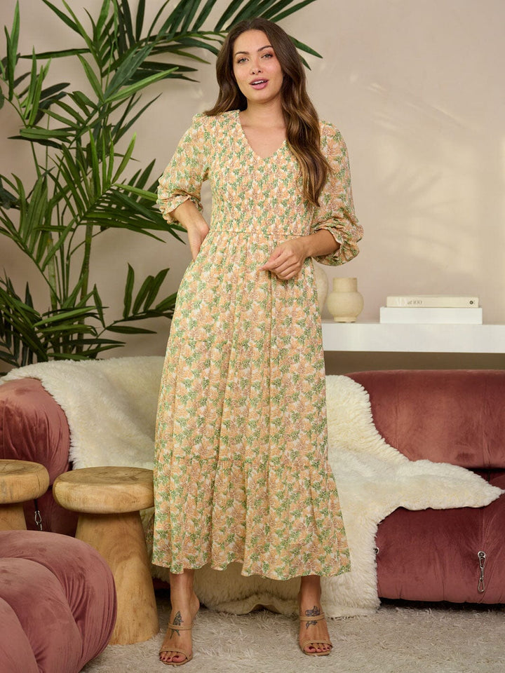 WOMEN'S 3/4 RUFFLE SLEEVE V-NECK SMOCK FLORAL MAXI DRESS
