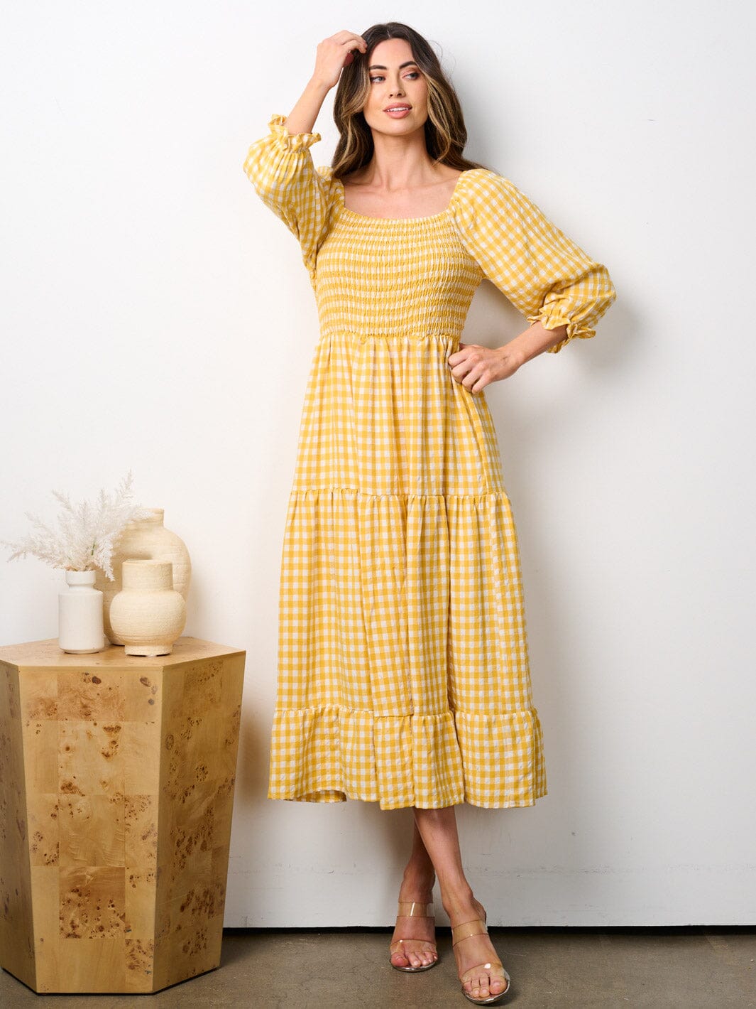 WOMEN'S 3/4 RUFFLE SLEEVE SMOCK TIERED PLAID MIDI DRESS