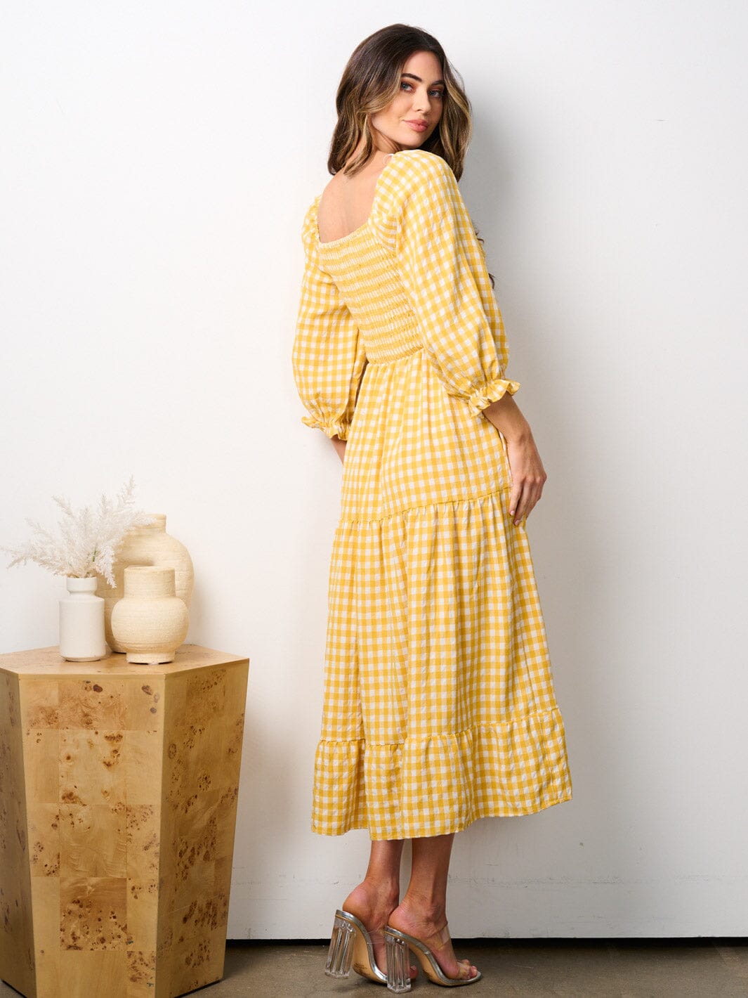 WOMEN'S 3/4 RUFFLE SLEEVE SMOCK TIERED PLAID MIDI DRESS