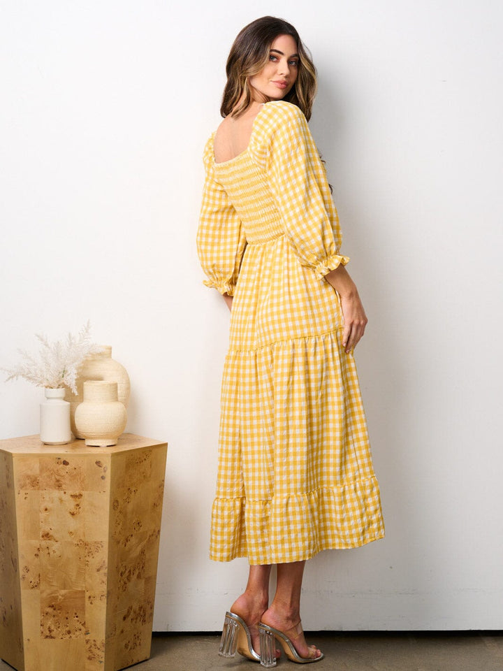 WOMEN'S 3/4 RUFFLE SLEEVE SMOCK TIERED PLAID MIDI DRESS