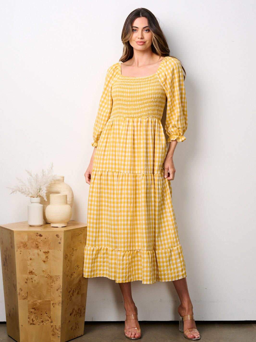 WOMEN'S 3/4 RUFFLE SLEEVE SMOCK TIERED PLAID MIDI DRESS