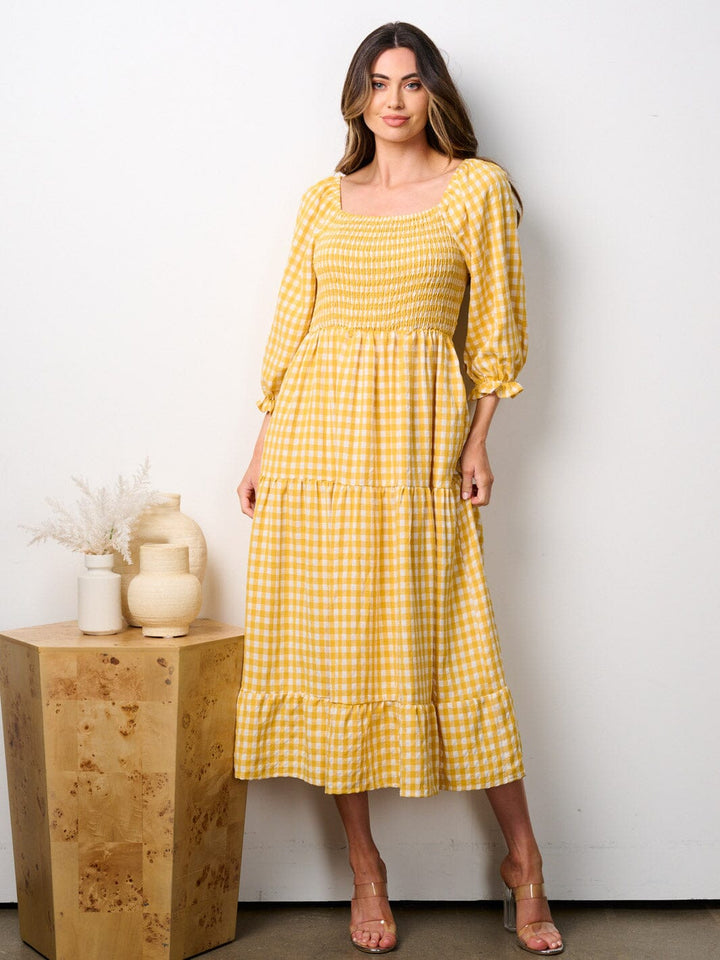 WOMEN'S 3/4 RUFFLE SLEEVE SMOCK TIERED PLAID MIDI DRESS