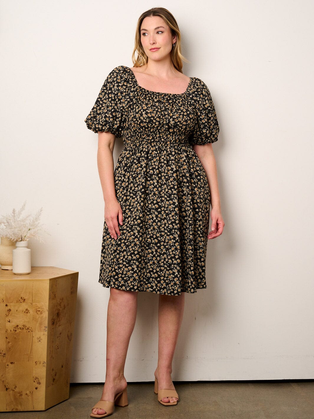 PLUS SIZE OFF SHOULDER ELASTIC WAIST POCKETS FLORAL MIDI DRESS