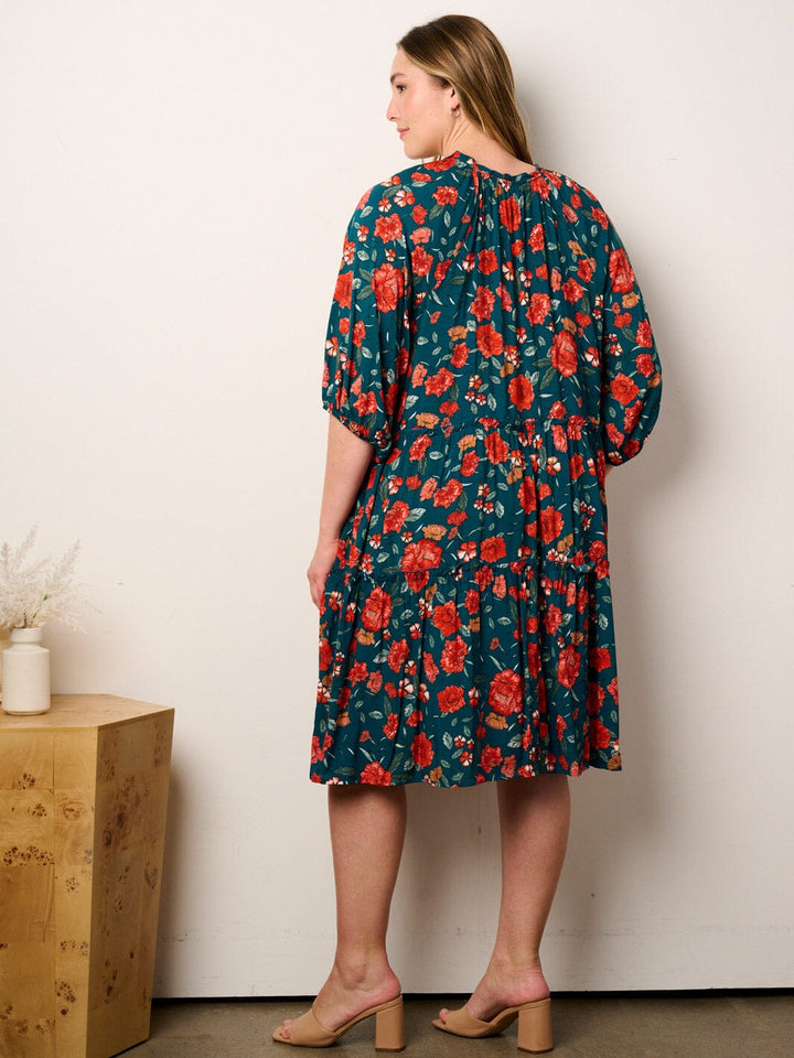 PLUS SIZE 3/4 SLEEVE V-NECK TUNIC FLORAL MIDI DRESS