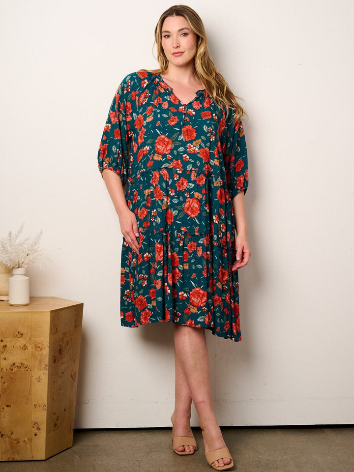 PLUS SIZE 3/4 SLEEVE V-NECK TUNIC FLORAL MIDI DRESS