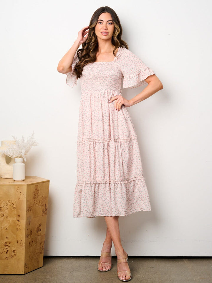 WOMEN'S SHORT RUFFLE SLEEVE POCKETS SMOCK FLORAL TIERED MIDI DRESS