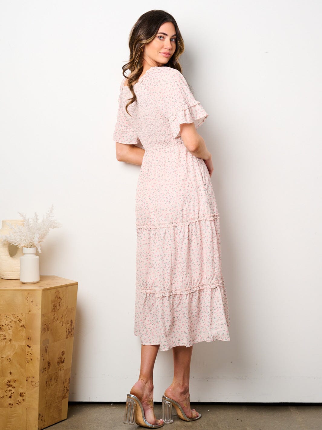 WOMEN'S SHORT RUFFLE SLEEVE POCKETS SMOCK FLORAL TIERED MIDI DRESS