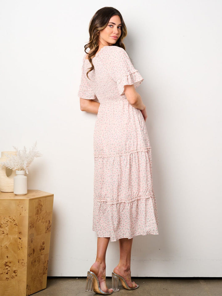 WOMEN'S SHORT RUFFLE SLEEVE POCKETS SMOCK FLORAL TIERED MIDI DRESS