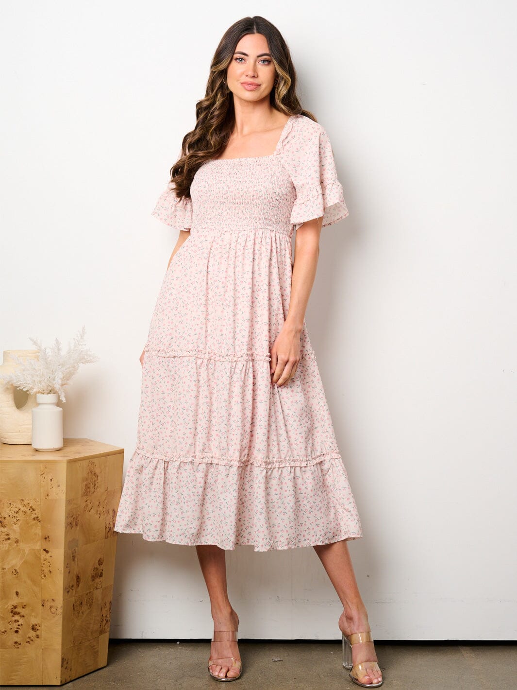 WOMEN'S SHORT RUFFLE SLEEVE POCKETS SMOCK FLORAL TIERED MIDI DRESS